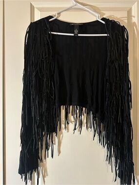 INC International Concepts Black Fringe Open-Front Cropped Cardigan
